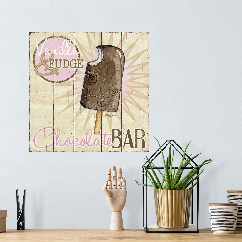 A bohemian room featuring A vintage ice cream shop sign featuring a chocolate bar.