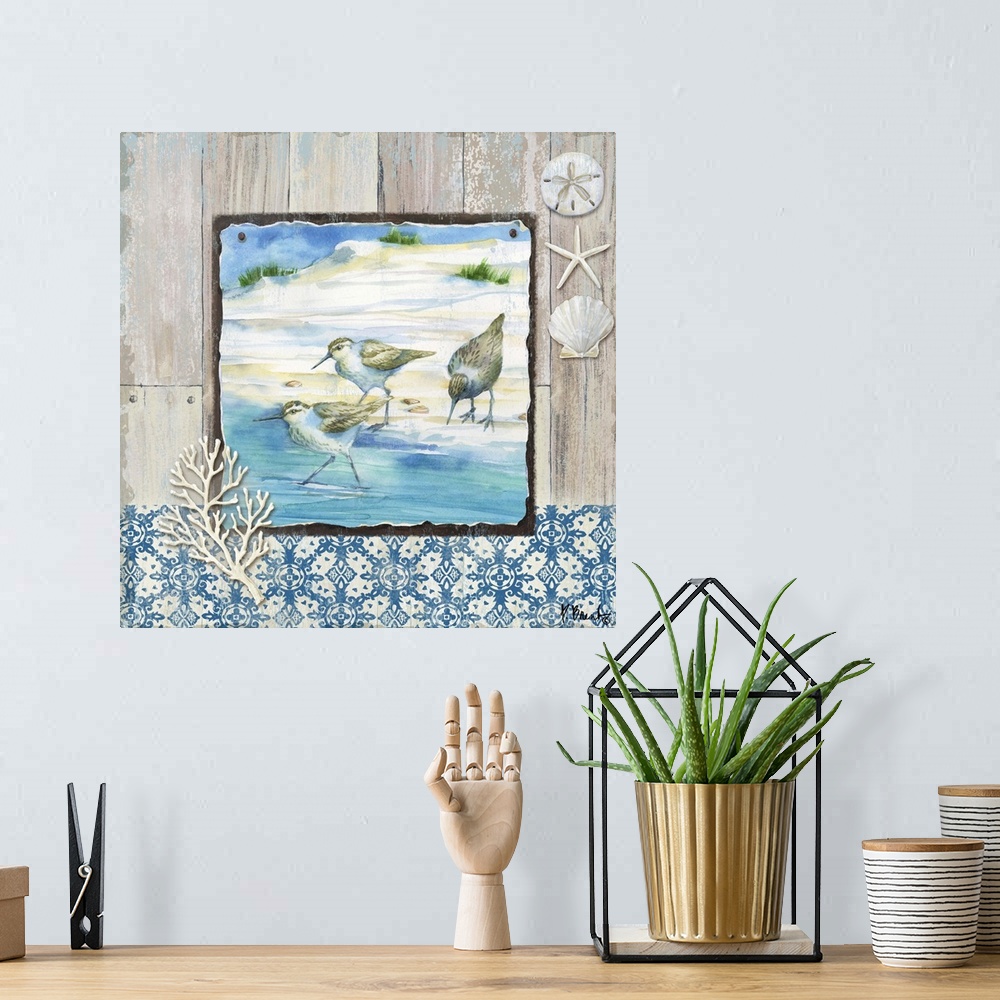 A bohemian room featuring Square beach decor with sandpipers and seashells in blue and brown tones.
