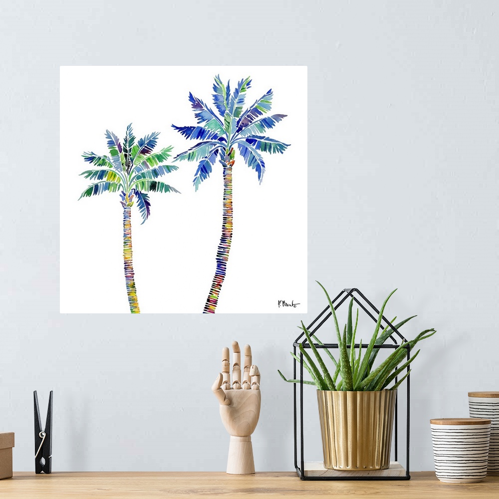 A bohemian room featuring Watercolor palm tree on a white background.