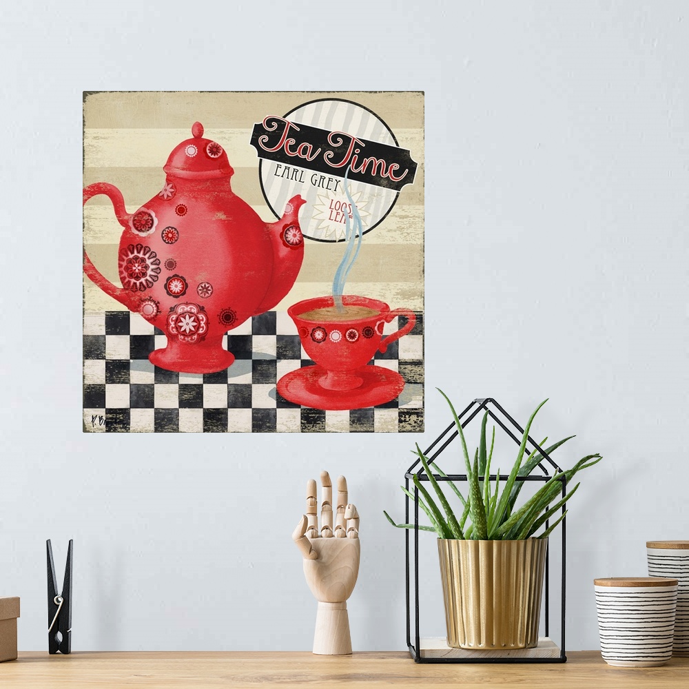 A bohemian room featuring A red tea kettle and cup filled with steaming hot tea on checkerboard.