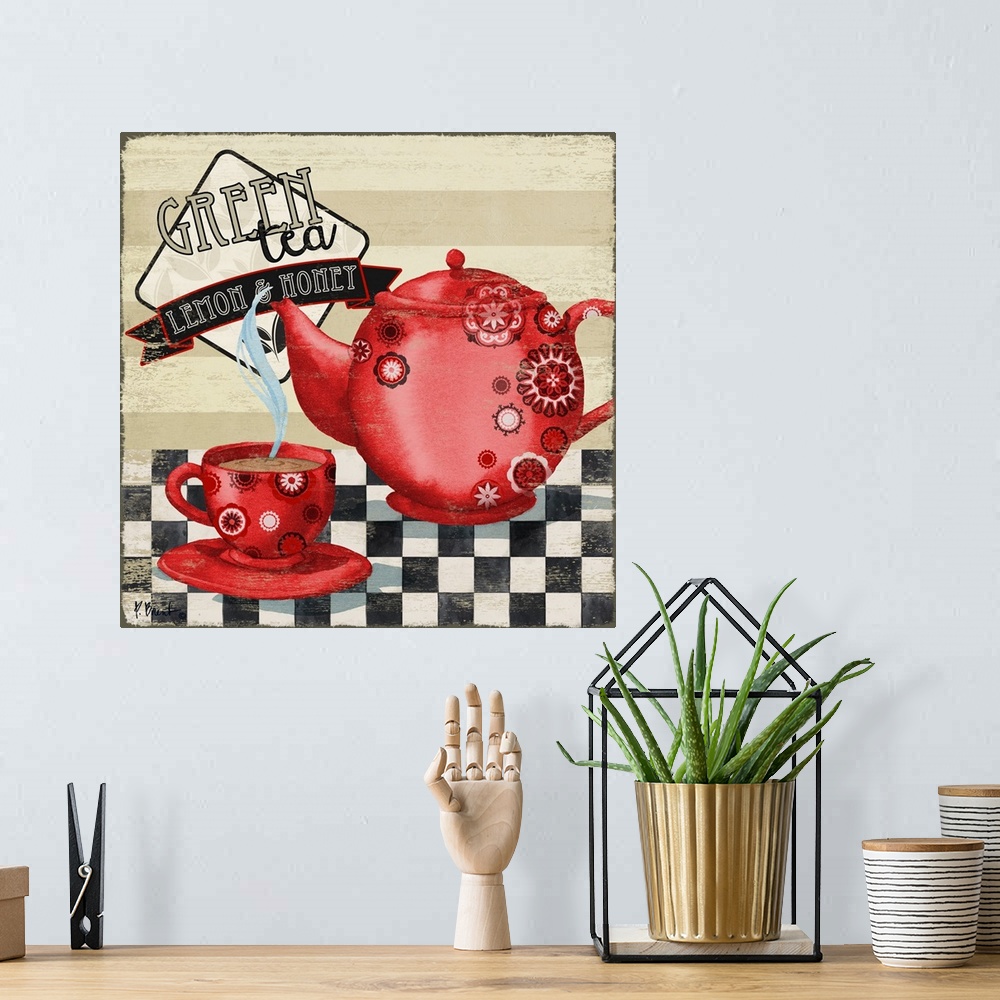 A bohemian room featuring A red tea kettle and cup filled with steaming hot tea on checkerboard.