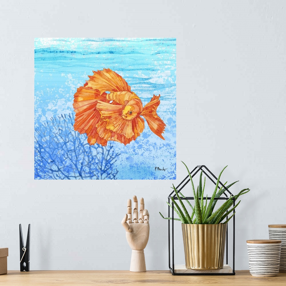 A bohemian room featuring Watercolor painting of a Thai betta fish.