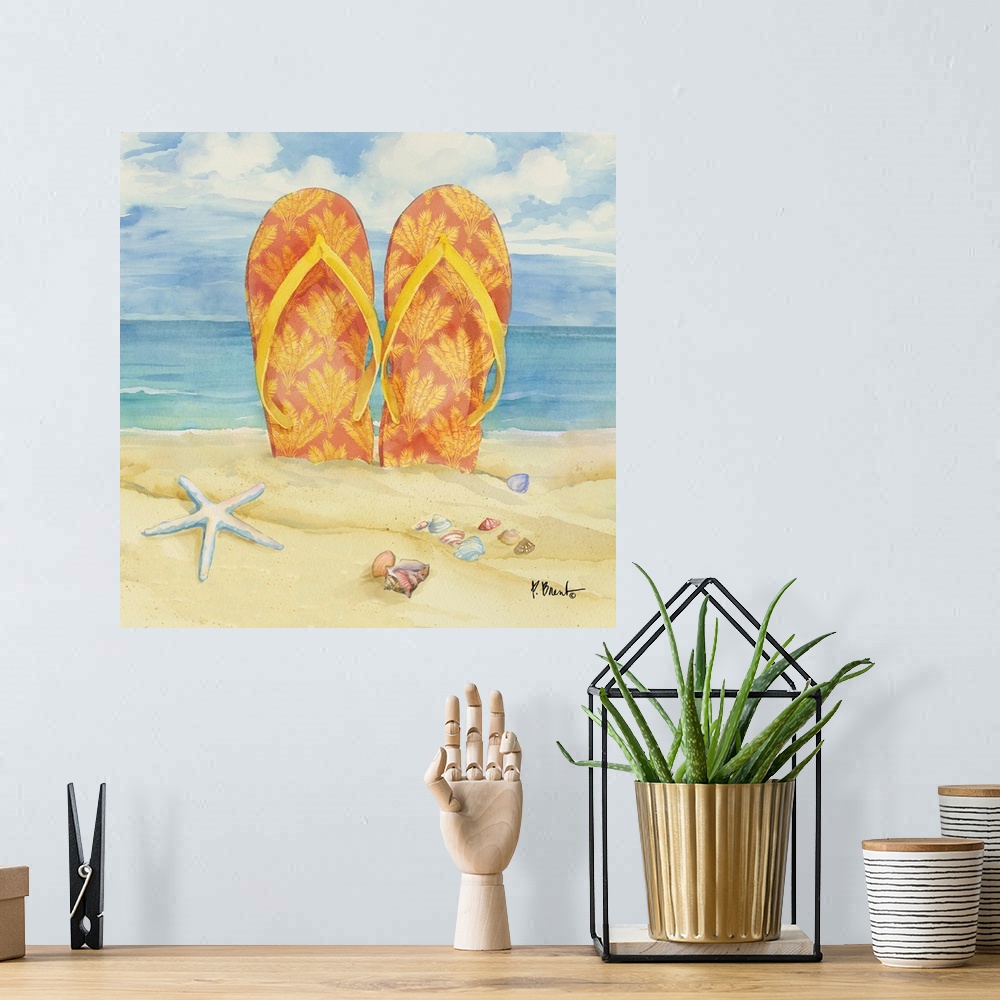 A bohemian room featuring Watercolor painting of flip flops in the sand on the beach.