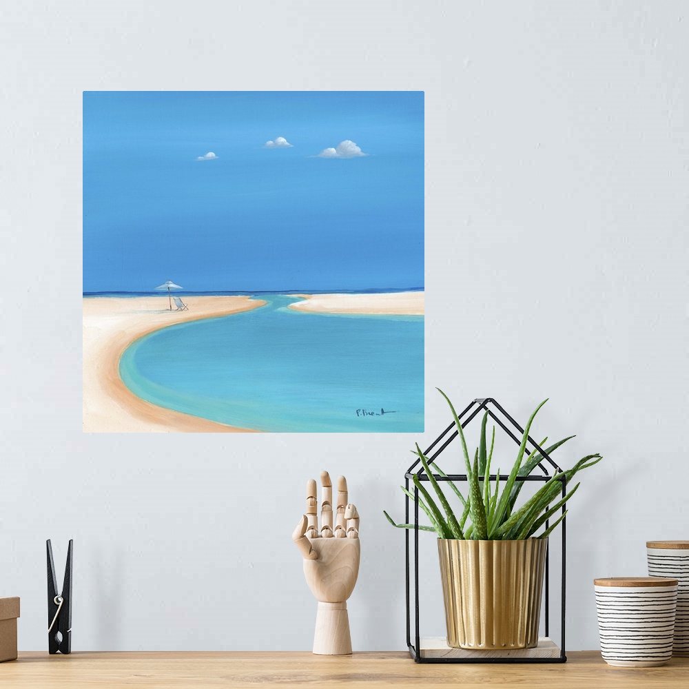 A bohemian room featuring Serene painting of calm, tropical beach with sandy shores and clear blue water.