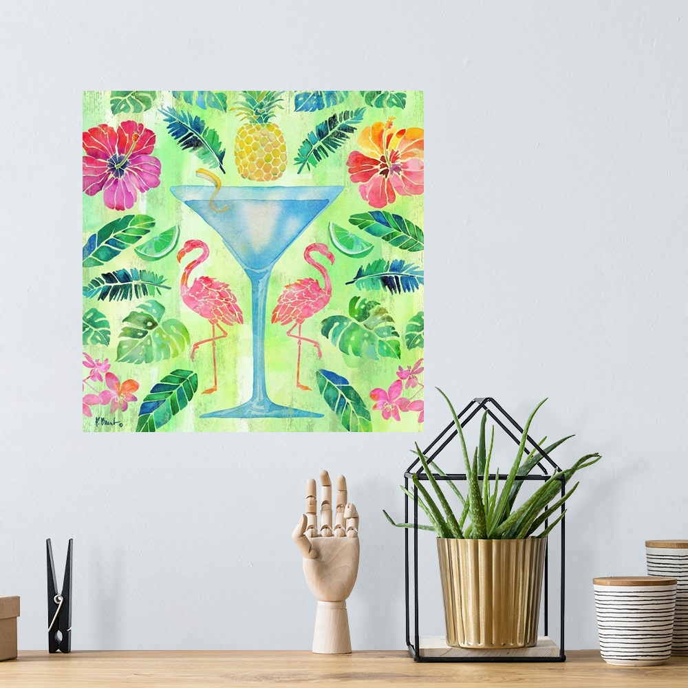 A bohemian room featuring Tropical decor with a large martini in the center surrounded by palm leaves, pineapples, flamingo...