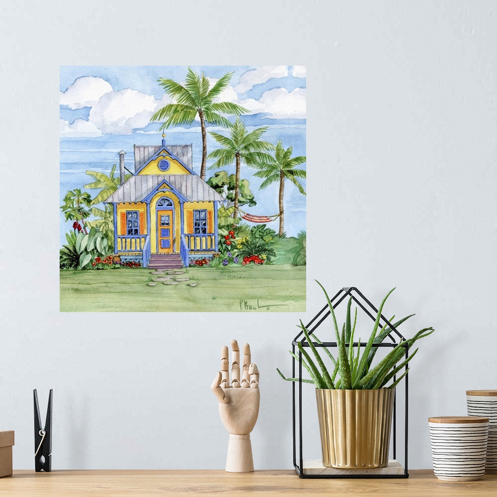 A bohemian room featuring Watercolor painting of a colorful beach cottage, with tropical plants and palm trees.