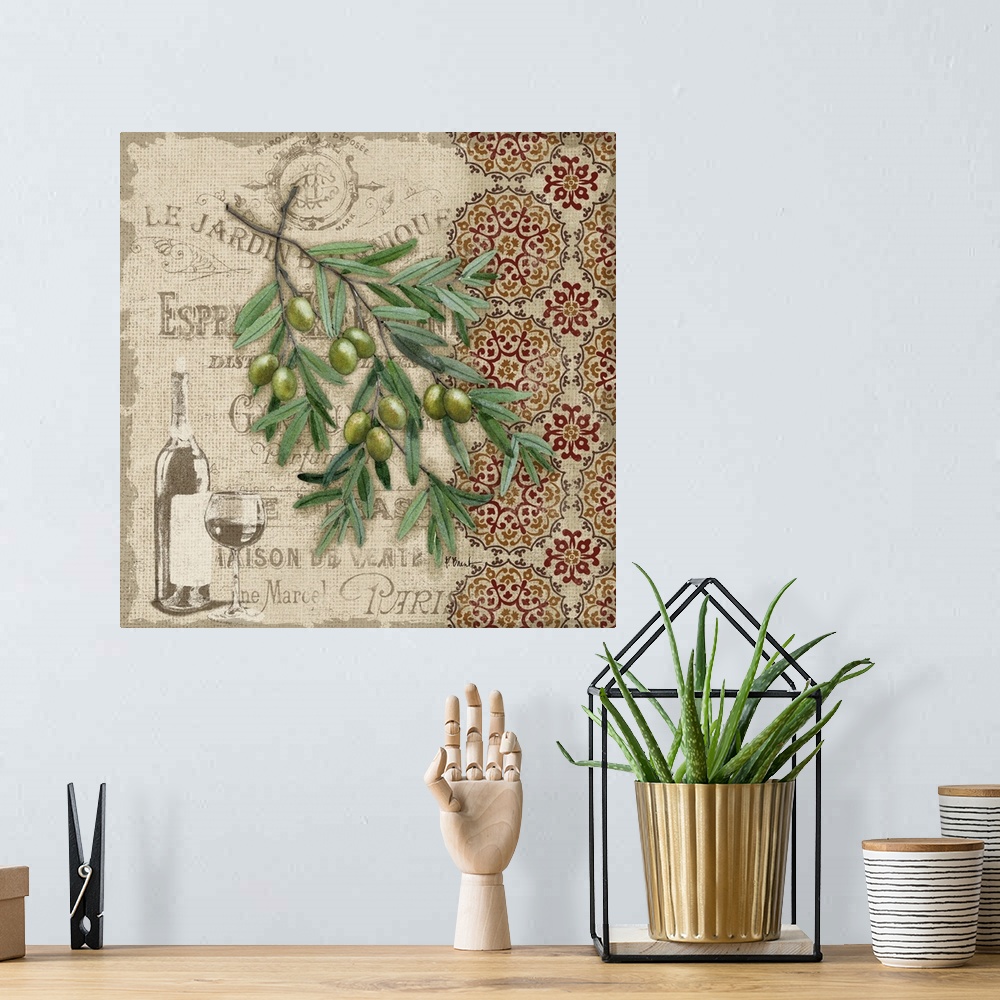 A bohemian room featuring Decorative art of a bunch of olives and a floral pattern on a vintage garden advertisement.