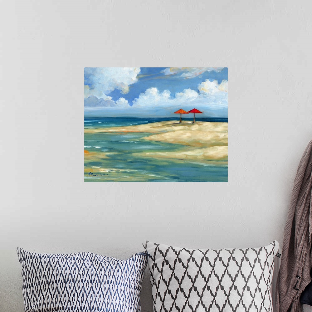 A bohemian room featuring Seascape with a sandy beach and two umbrellas under a cloudy sky.