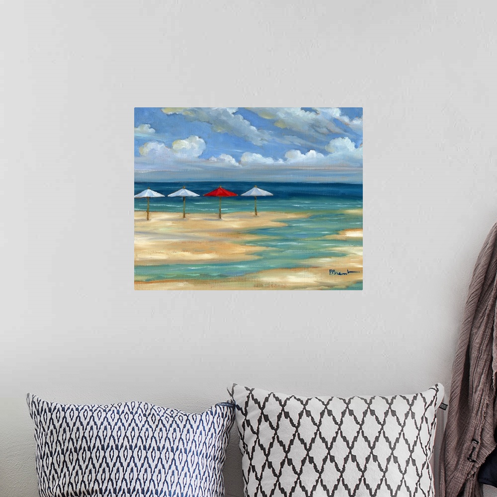 A bohemian room featuring Seascape with a sandy beach and four umbrellas under a cloudy sky.