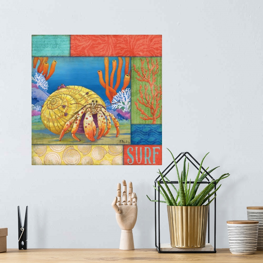 A bohemian room featuring Contemporary painting of a hermit crab crawling in the ocean near coral, with sea-themed panels.