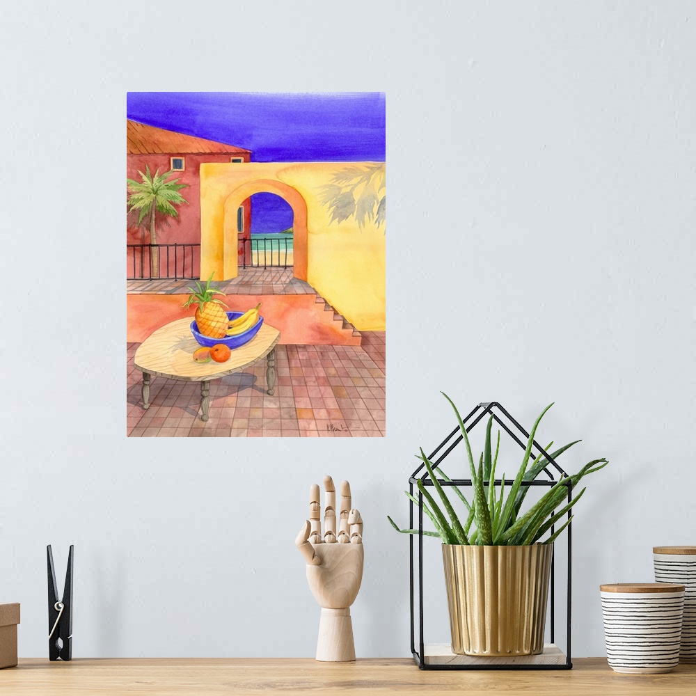 A bohemian room featuring Contemporary painting of a basket of fruit on a table near an adobe wall with an arched doorway.