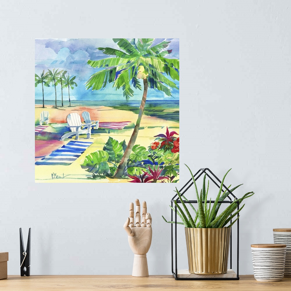 A bohemian room featuring Square watercolor painting of a relaxing beach scene with beach chairs and towels set up in the s...