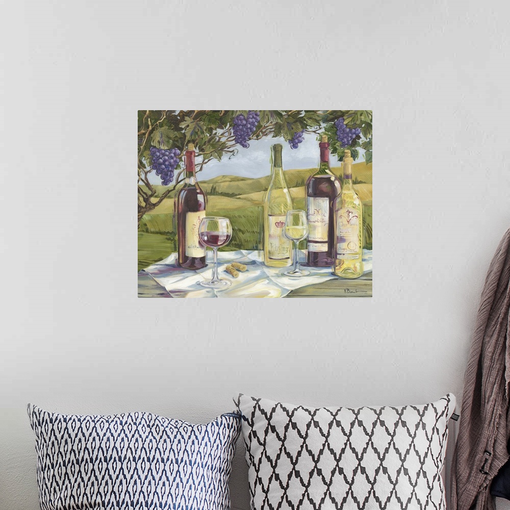 A bohemian room featuring Still life painting of wine bottles and wine glasses under a grapevine in a vineyard.