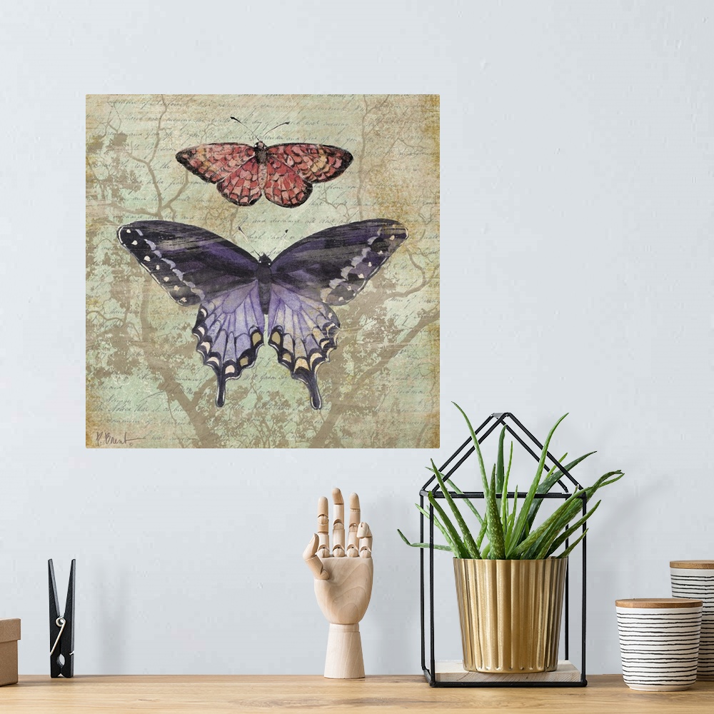 A bohemian room featuring Square panel with two butterflies over handwritten text and silhouettes of branches, done in a vi...
