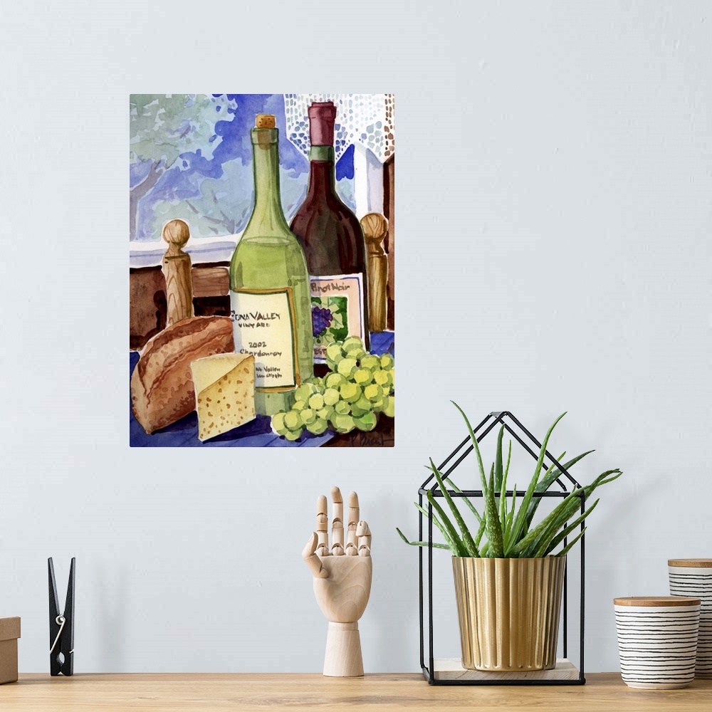 A bohemian room featuring Contemporary painting of two wine bottles, grapes, cheese, and bread on a table by a window.