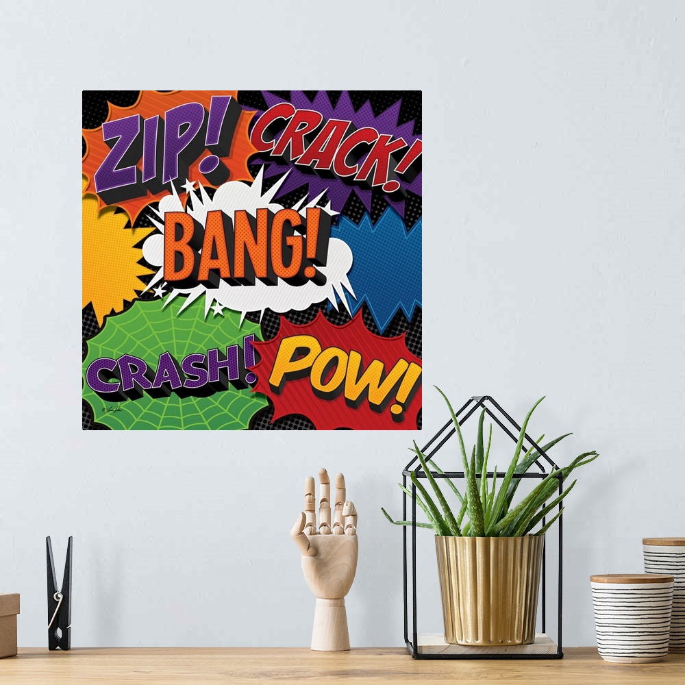 A bohemian room featuring Comic book style action sound effects in bright colors and designs.