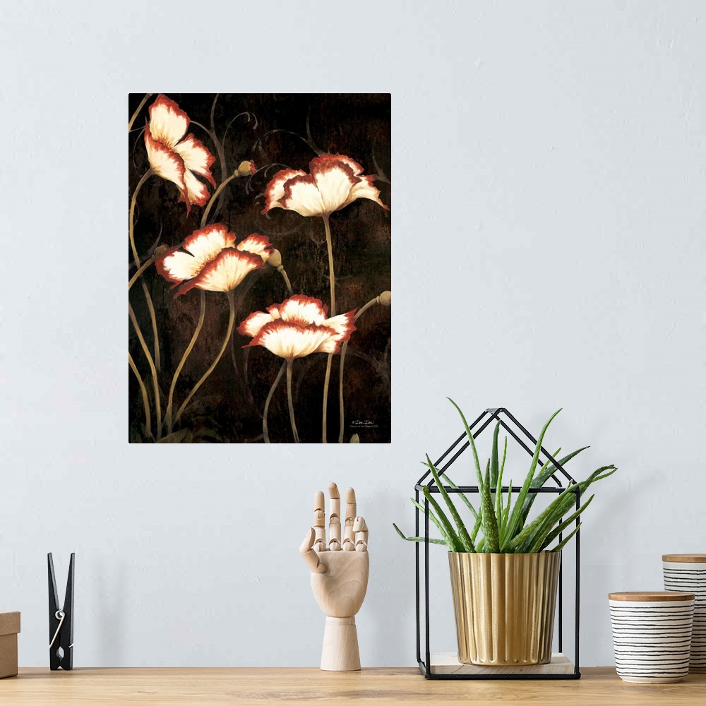 A bohemian room featuring Artwork of red and white poppies against a dark background with golden stems.