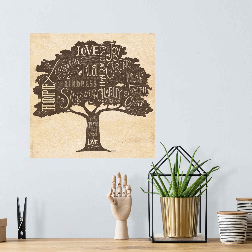 A bohemian room featuring A family tree with several positive attributes in decorative text.