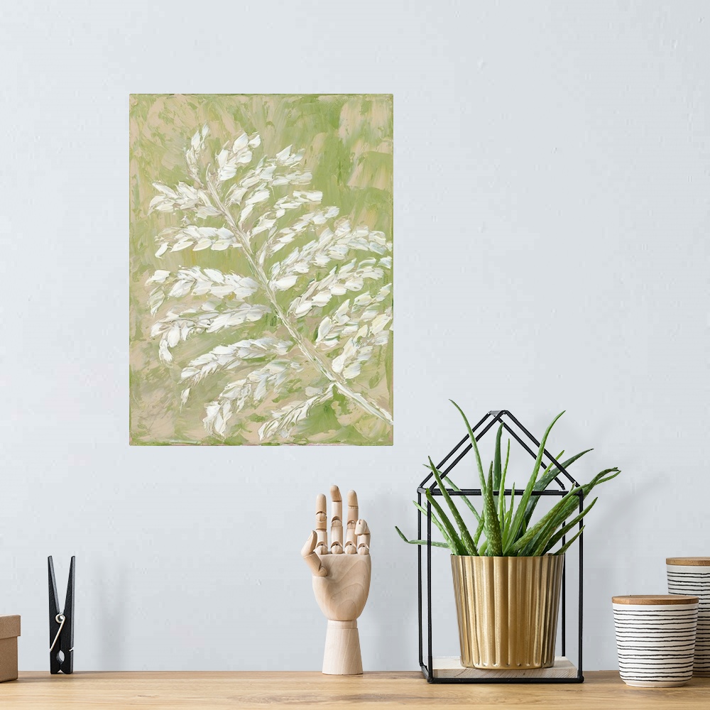 A bohemian room featuring Vertical abstract painting of a fern branch in textured brush strokes.