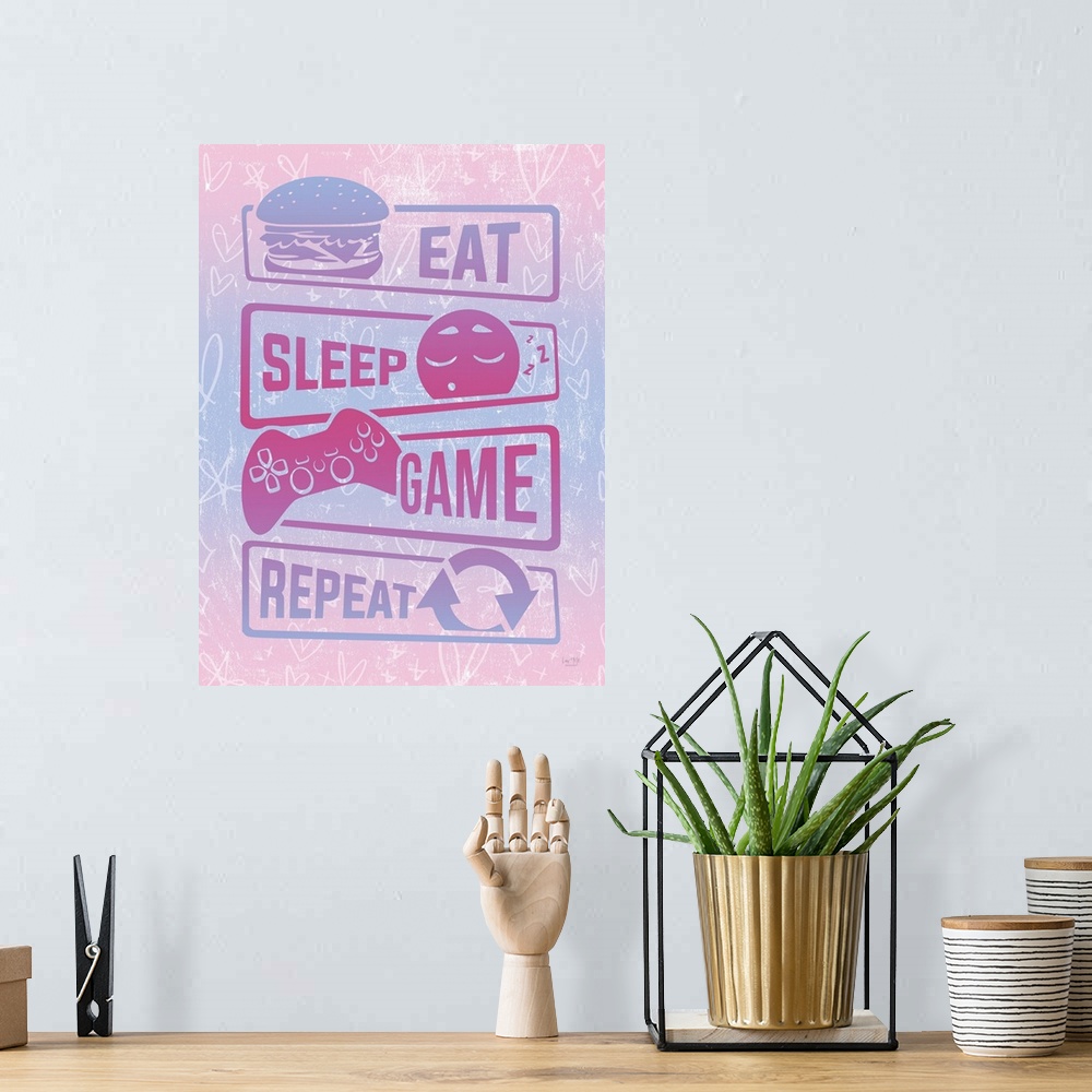 A bohemian room featuring Girly Eat, Sleep, Game, Repeat
