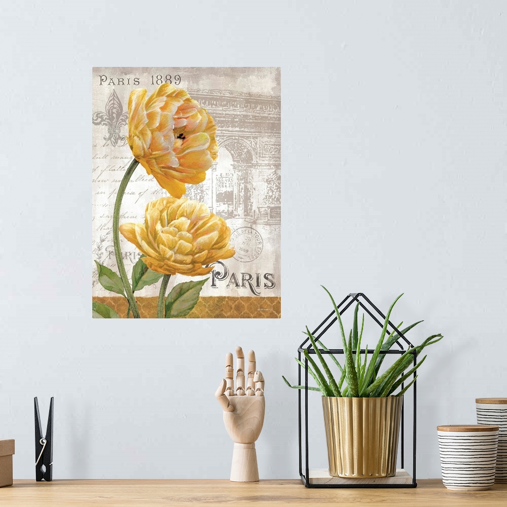 A bohemian room featuring Golden yellow flower against a vintage Parisian themed background.