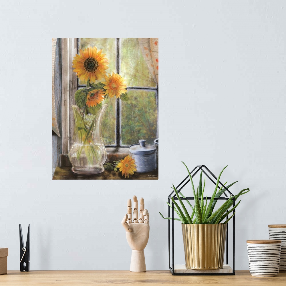 A bohemian room featuring Artwork of sunflowers in a glass vase sitting in front a window.