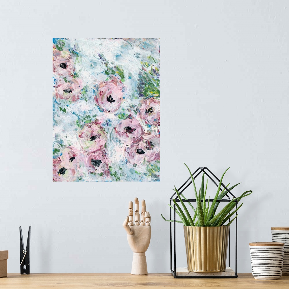 A bohemian room featuring An abstract contemporary painting of a pink flowers with an organic textured quality.