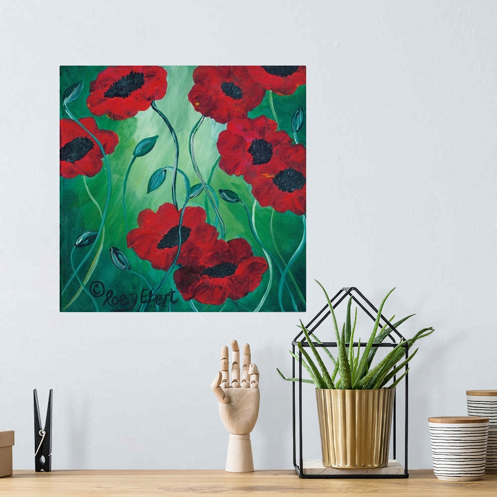 A bohemian room featuring Contemporary artwork of deep red poppies on a cool green background.