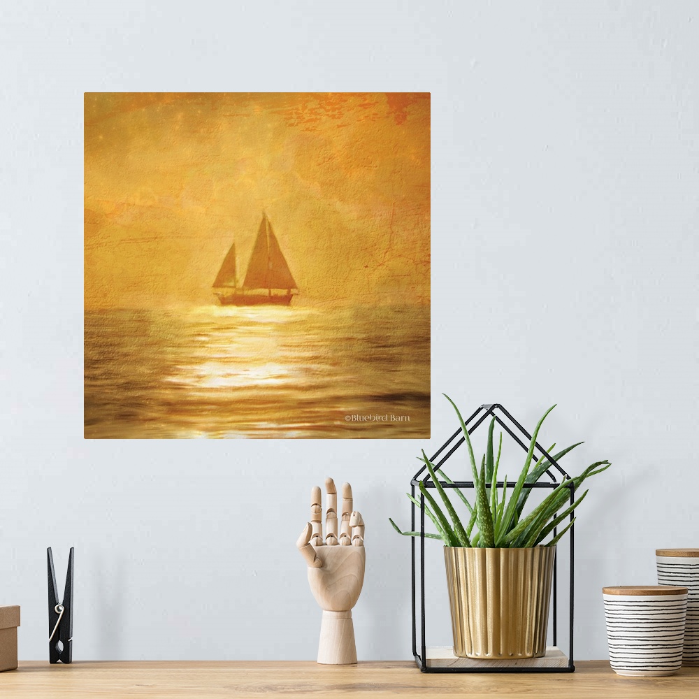A bohemian room featuring Solo Gold Sunset Sailboat