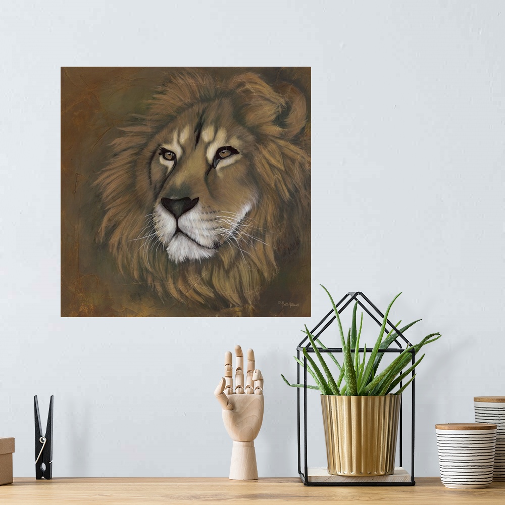 A bohemian room featuring A square contemporary painting of the majestic lion with textured brush strokes.