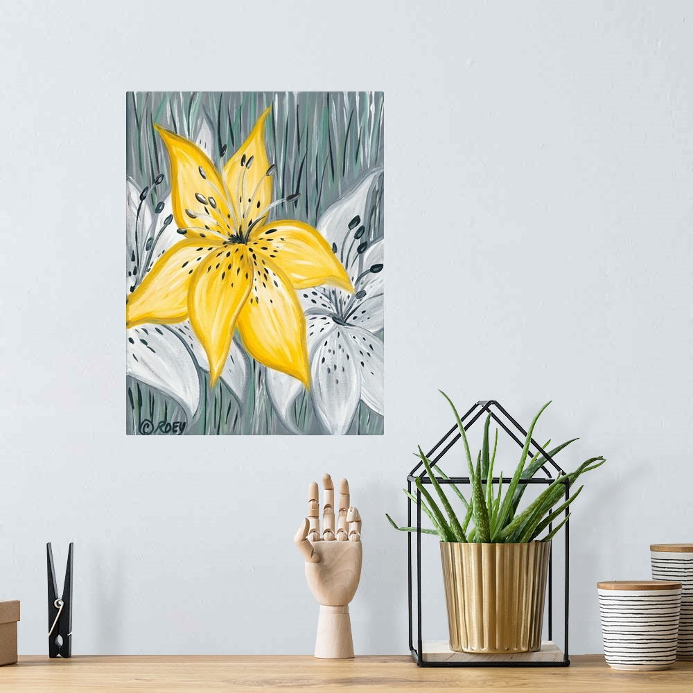 A bohemian room featuring A contemporary vertical painting of a yellow Tiger Lily.