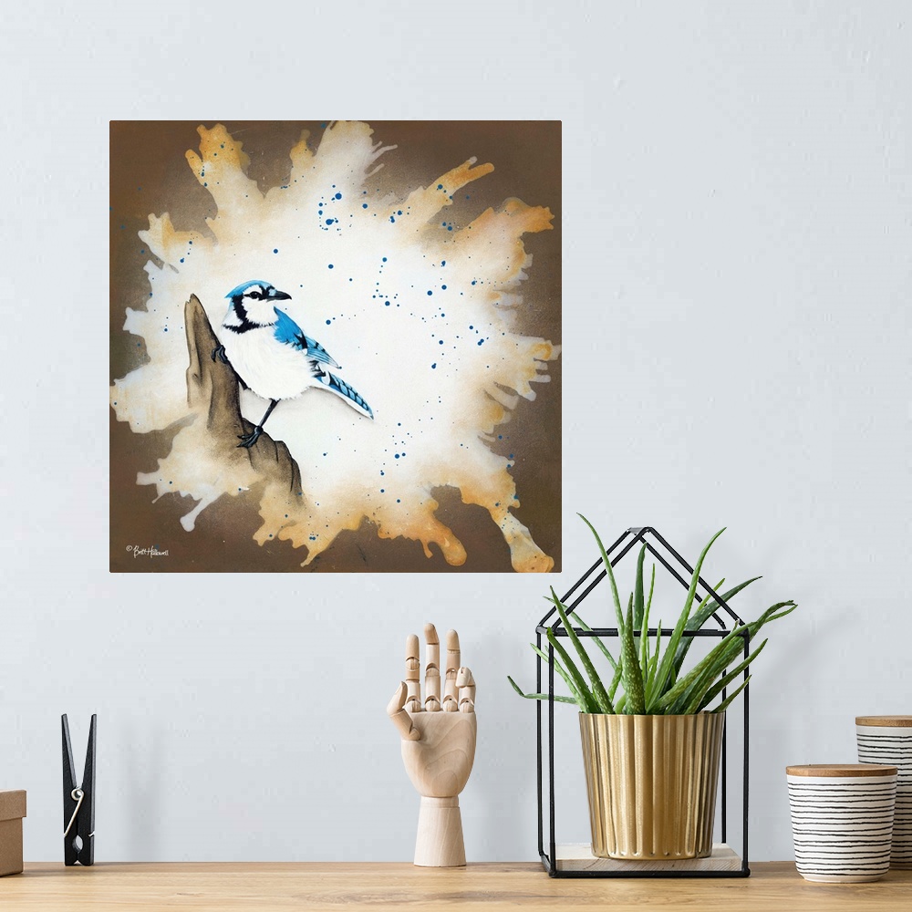 A bohemian room featuring Contemporary painting of a Blue Jay on the rock with a textured border.