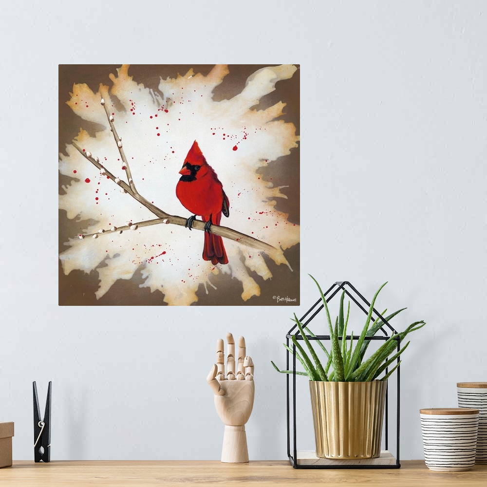 A bohemian room featuring Contemporary painting of a red Cardinal on a branch with a textured border.