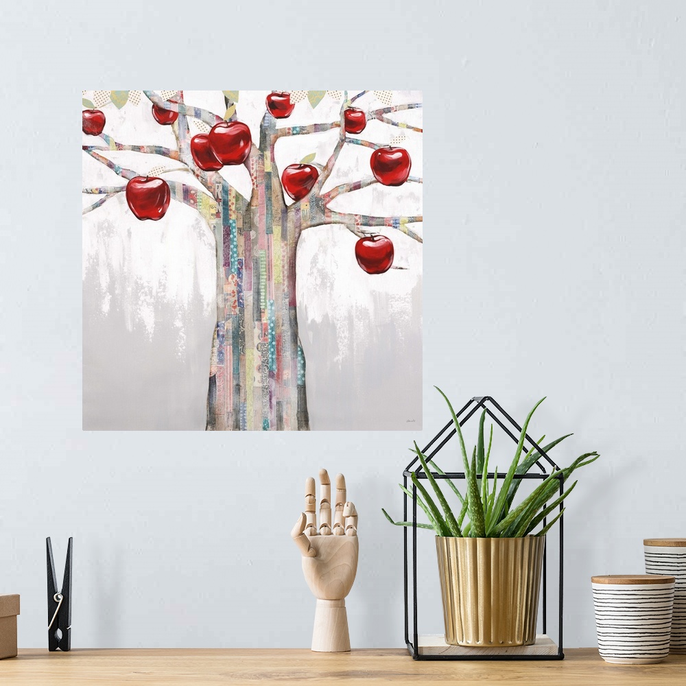 A bohemian room featuring Contemporary painting of a tree with bright red apples hanging form the branches.