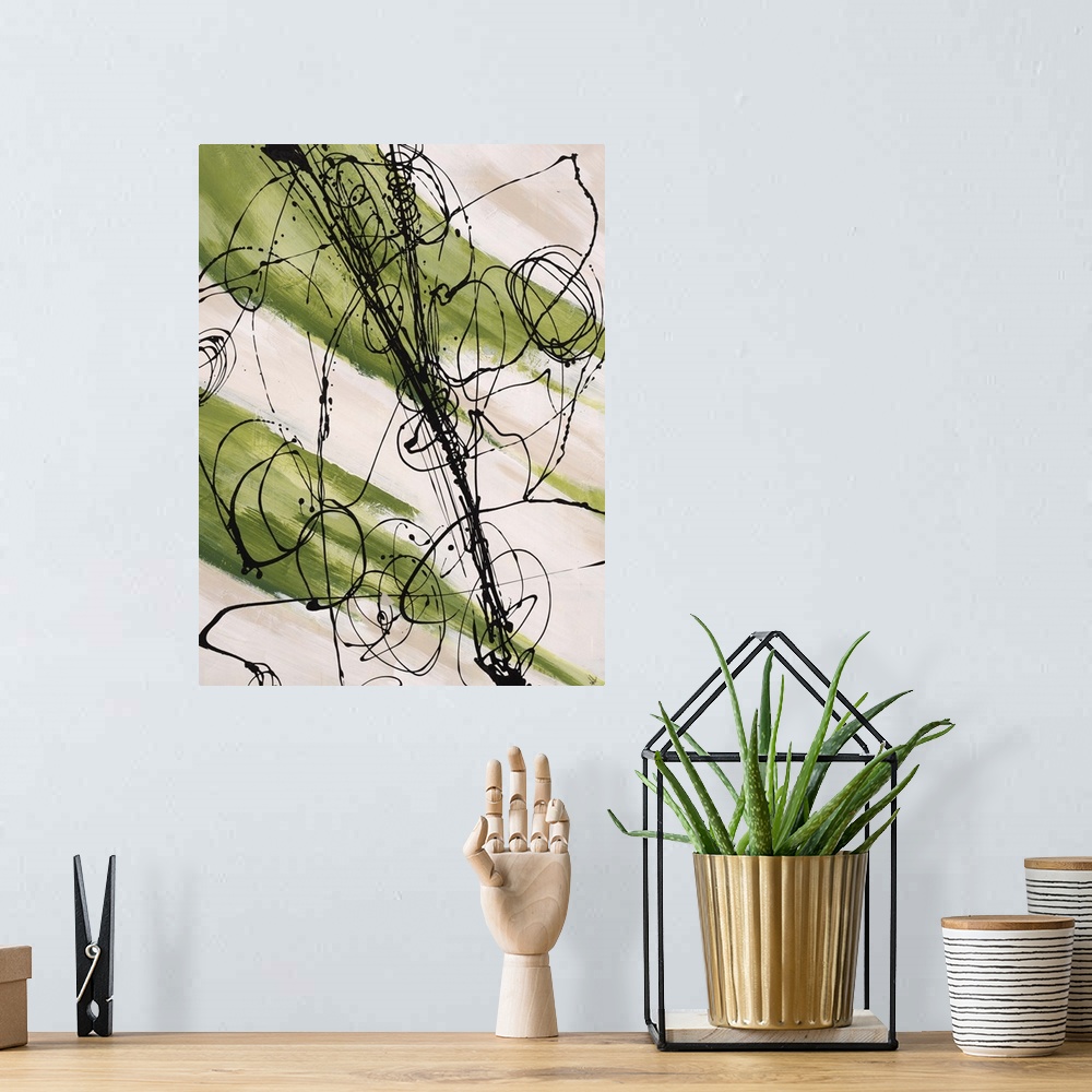 A bohemian room featuring Abstract painting, with bright green paint swipes and dark black thin line splatters.