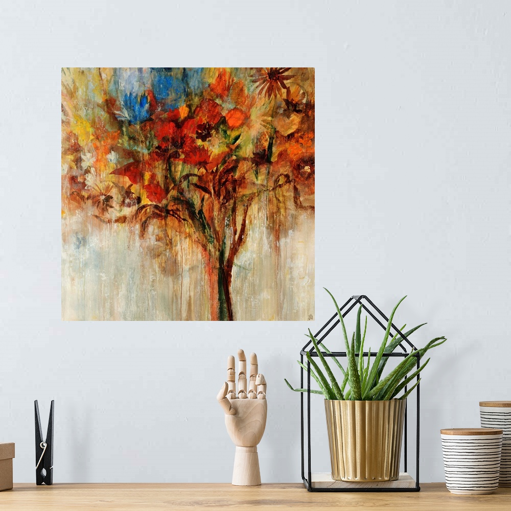 A bohemian room featuring Contemporary painting of a large cluster of flowers in various colors that form a bouquet with th...
