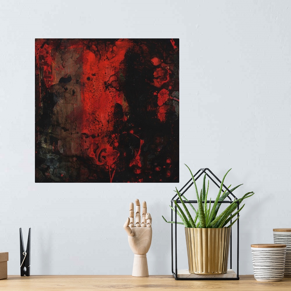 A bohemian room featuring Contemporary abstract painting using dark red and black.