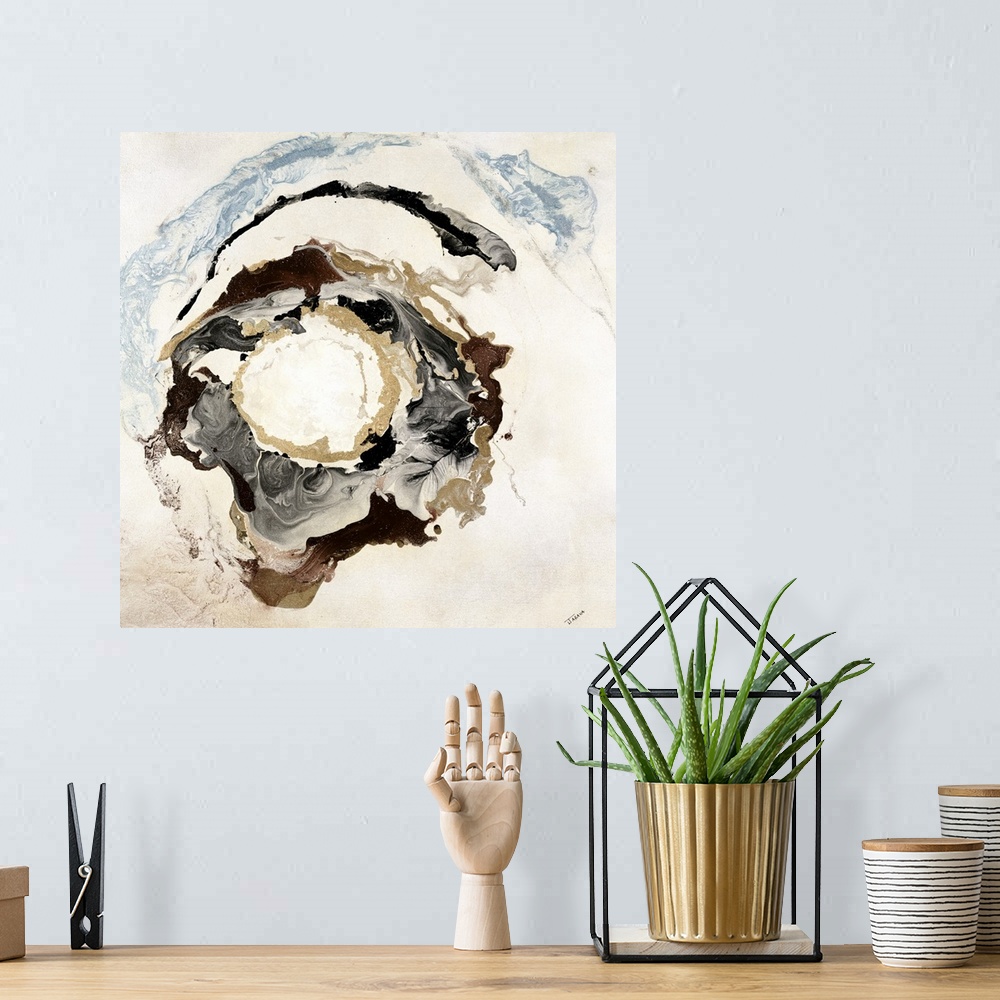 A bohemian room featuring Contemporary abstract painting using neutral earthy tones and thick textures resembling geologica...
