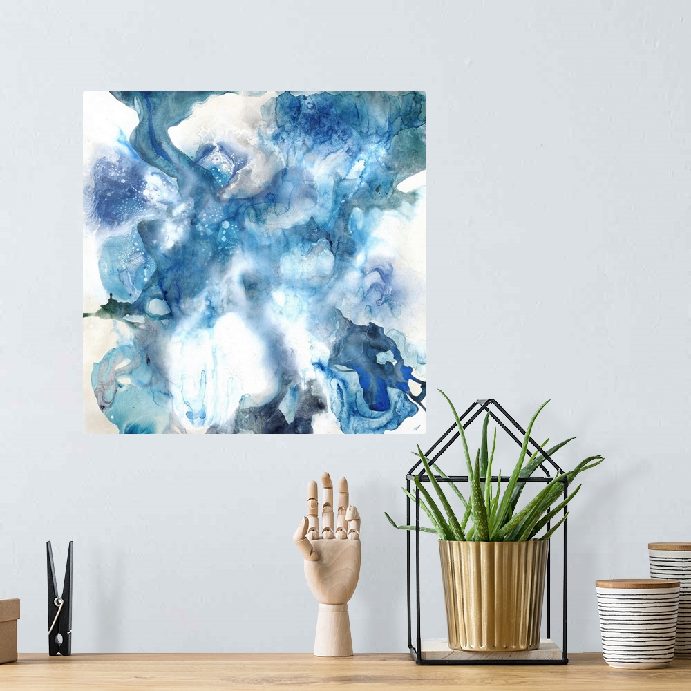 A bohemian room featuring Abstract contemporary painting in blue and green tones, resembling a cloudy sky.