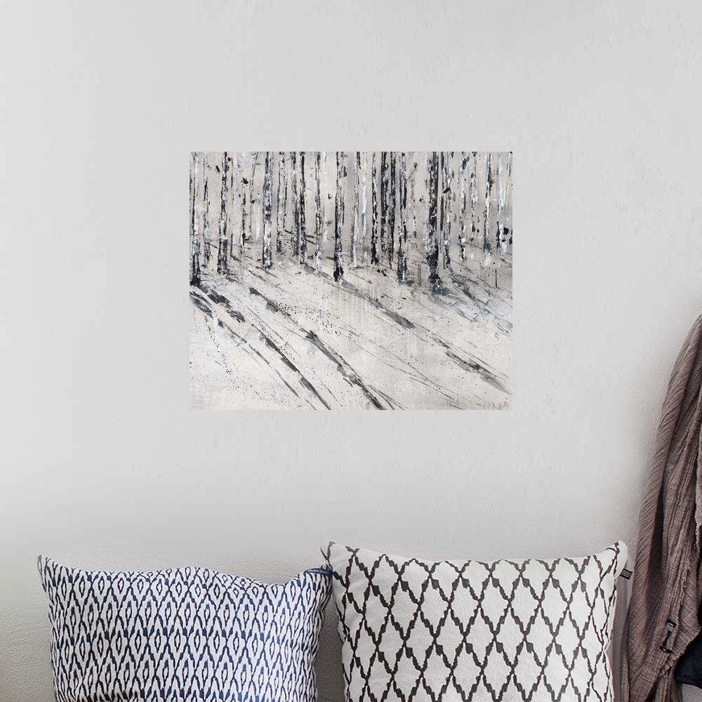 A bohemian room featuring Contemporary painting of a birch forest casting long shadows.
