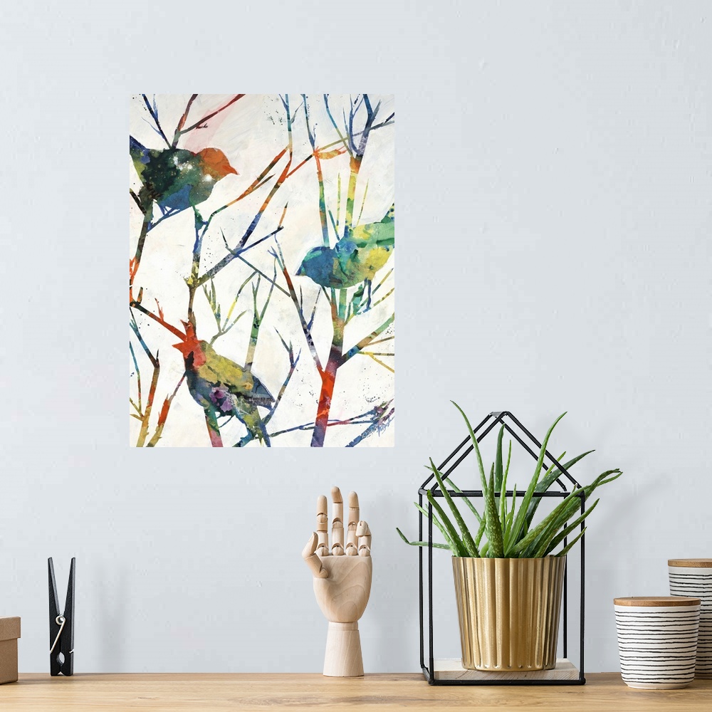 A bohemian room featuring Contemporary art of several multicolored birds perched on bare tree branches that are vibrantly c...