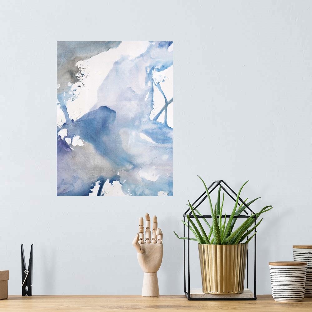 A bohemian room featuring Abstract watercolor painting of swirling cool tones that connect with thin lines or soft color tr...