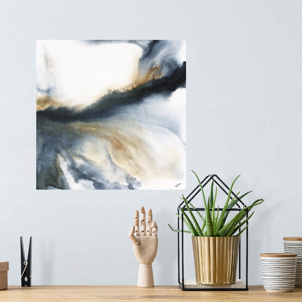 A bohemian room featuring Abstract contemporary painting in brown and gray tones, resembling a cloudy sky.
