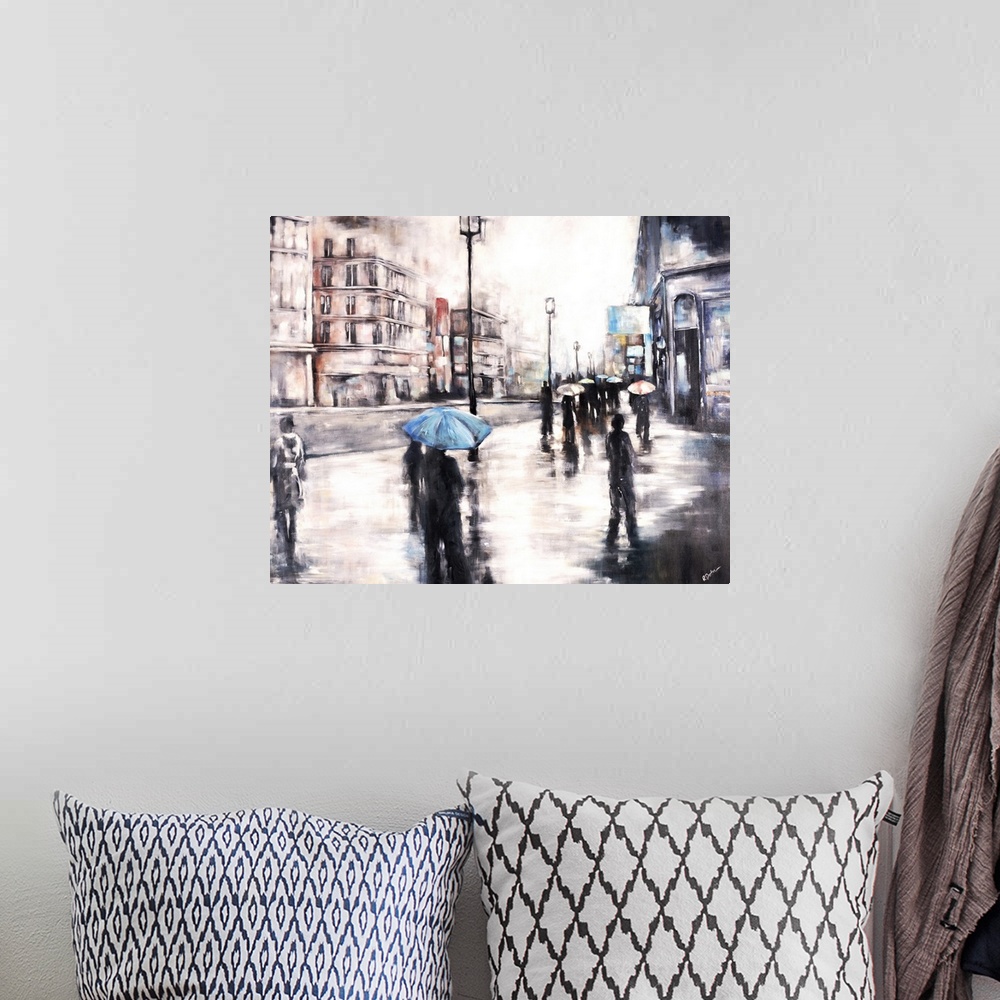A bohemian room featuring Contemporary painting of a rainy cityscape with people holding umbrellas as they walk through the...