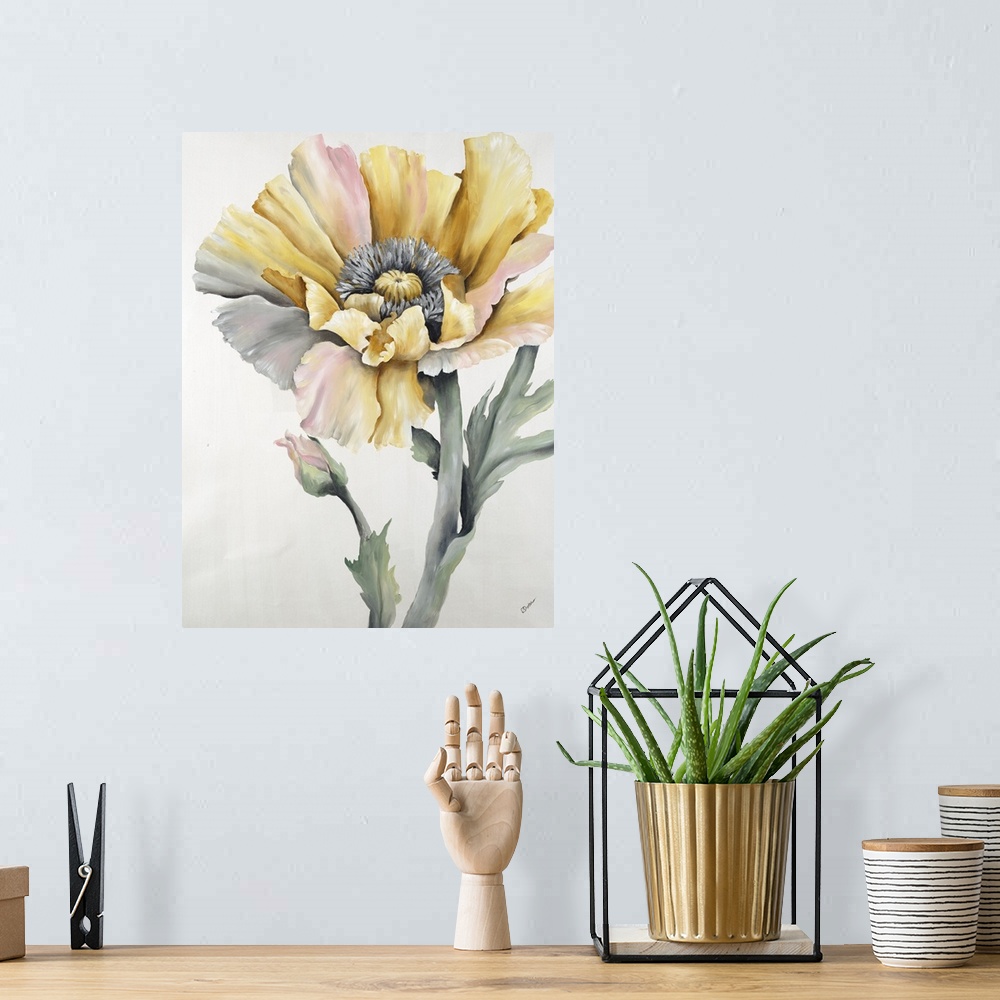 A bohemian room featuring Contemporary painting of a muted yellow and pink flower.