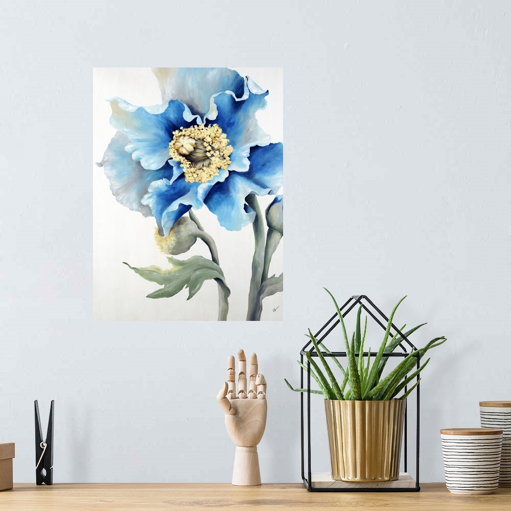 A bohemian room featuring Contemporary painting of a muted flower with some bright blue petals.
