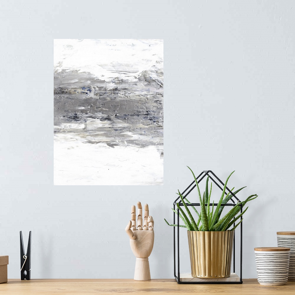A bohemian room featuring Abstract painting of textured brush strokes with a silver horizontal line in the center.