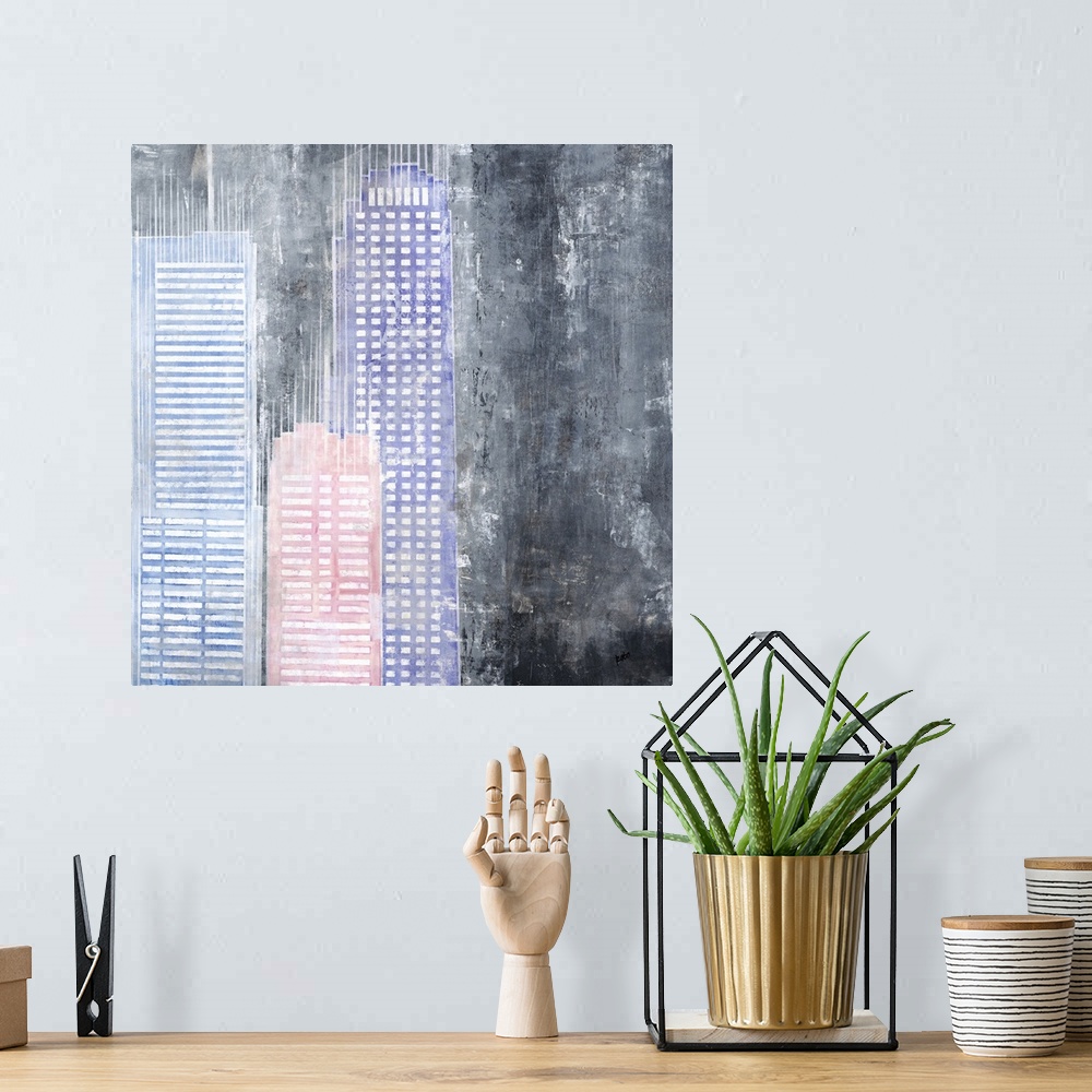 A bohemian room featuring Square abstract with pastel colored buildings on a black, gray, and white rugged background.
