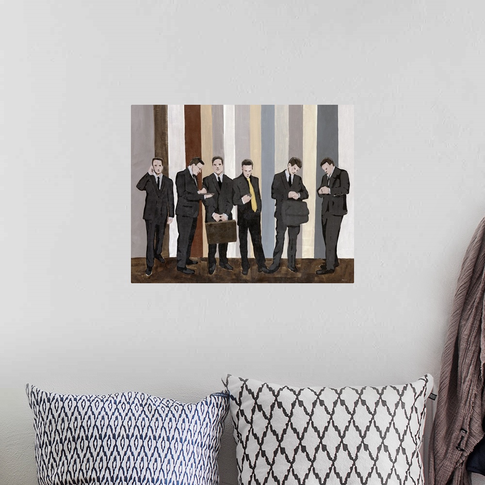 A bohemian room featuring Painting on canvas of six businessmen standing in a hall with vertical stripes in the background.