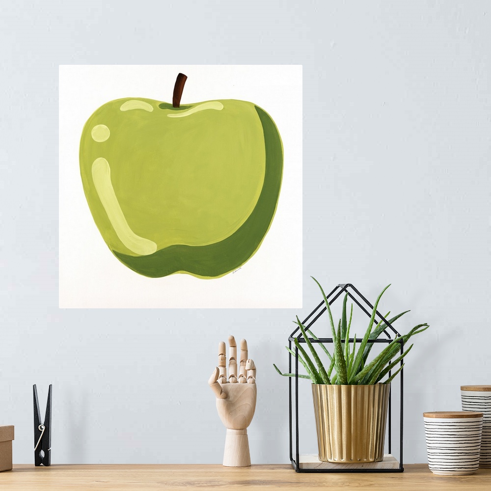 A bohemian room featuring Simple painting of a shiny green apple.